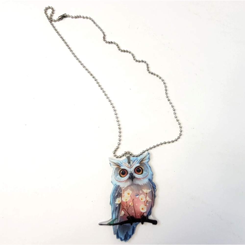 Owl Pendant Necklace Ball Chain Cute Bird Floral Pastel Plastic Jewelry Kawaii